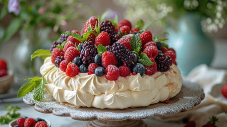 Summer Berry Pavlova Unwind: Airy Pavlova with Summer Berries, Mint, Outdoor Garden Party Table Settingの素材