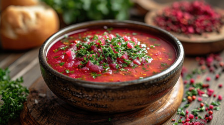 Russian Borscht Soup Unwind: Rustic Russian Dacha, Traditional Borscht Soup, Beets, Sour Cream, Slavic Decor, Homely Atmosphereの素材