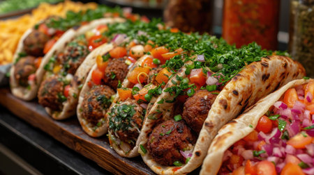 Street-Style Falafel Wrap Unwind: Colorful Falafel Wrap, Vibrant Vegetables, Bustling Middle Eastern Market Settingの素材