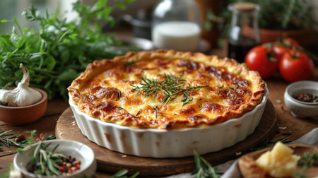 French Quiche Lorraine Unwind: Savory Quiche Lorraine, Golden Crust, Creamy Filling, Rustic Table, Quaint French Countryside Kitchenの素材
