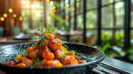 Upscale Vegan Fine Dining Unwind: Gourmet Vegan Dish, Sleek Modern Restaurant, Soft Ambient Lightingの素材