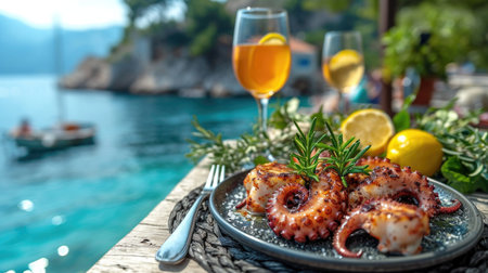 Mediterranean Grilled Octopus Unwind: Grilled Octopus, Mediterranean Style, Seaside Terrace, Mediterranean Sea View, Relaxed Ambianceの素材