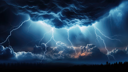 Electric Lightning Storm: Dramatic Dark Stormy Clouds Background with Bright Blue and White Lightning Boltsの素材