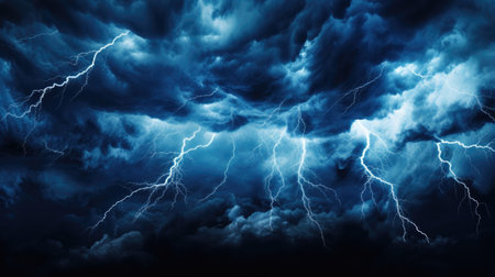 Electric Lightning Storm: Dramatic Dark Stormy Clouds Background with Bright Blue and White Lightning Boltsの素材