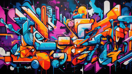 Graffiti Urban Jungle: Vibrant Graffiti Art Background with Street-Style Lettering, Abstract Shapes in Urban Collageの素材