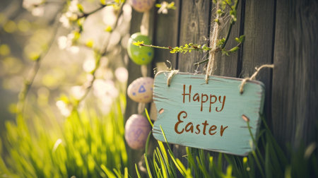 Celebrating "Happy Easter" in the springtime with Easter eggsの素材