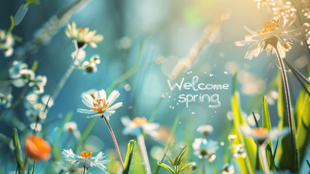 Welcome spring day. Flower tree for Happy holidays greeting card. Typography for spring holidays.の素材