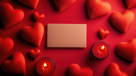 Glossy Red Elegance with Velvety Hearts Framing a White Card in a Valentine's Day Conceptの素材
