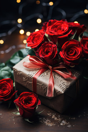 Moody Elegance - Dark Background with Roses and Rustic Gift in a Valentine's Day Conceptの素材