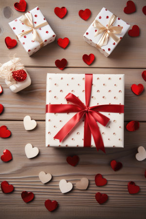 Classic Whimsy - Rustic White Tabletop with Patterned Gift Box and Red Hearts, Valentine's Day Conceptの素材