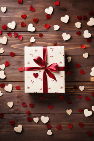 Classic Whimsy - Rustic White Tabletop with Patterned Gift Box and Red Hearts, Valentine's Day Conceptの素材