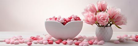 Minimalist Elegance - White Background with Pink Peonies and Heart Candies, Valentine's Day Conceptの素材