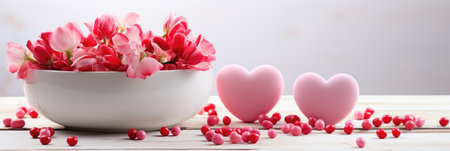 Minimalist Elegance - White Background with Pink Peonies and Heart Candies, Valentine's Day Conceptの素材