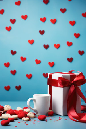 Playful Coffee Break - Colorful Valentine's Composition with Gifts and Mug for Valentine's Day Conceptの素材