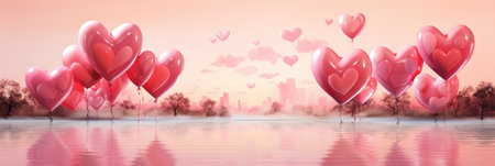 Floating Hearts Romance - Red Balloons and Soft Pink Backdrop for Valentine's Day Conceptの素材