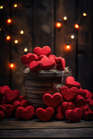 Rustic Heartfelt Sentiment - Red Felt Hearts on Wooden Background for Valentine's Day Conceptの素材