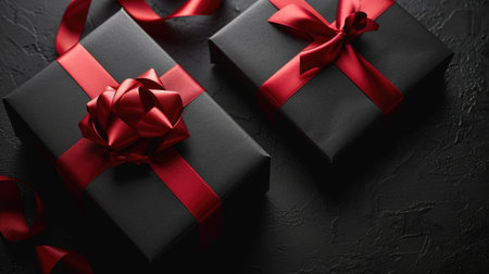 Sophisticated Black Gifts - Elegant Gift Boxes with Glossy Ribbons, Valentine's Day Conceptの素材