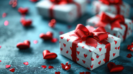 Festive Valentine's Arrangement - White Gift Boxes with Red Ribbons, Valentine's Day Conceptの素材