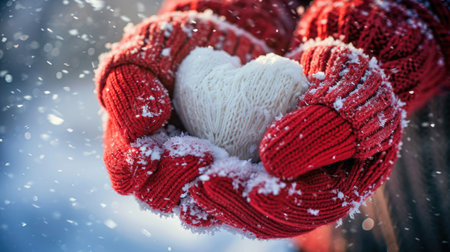 Warmth Amidst Snow - Tenderly Held Heart in Mittens, Valentine's Day Conceptの素材