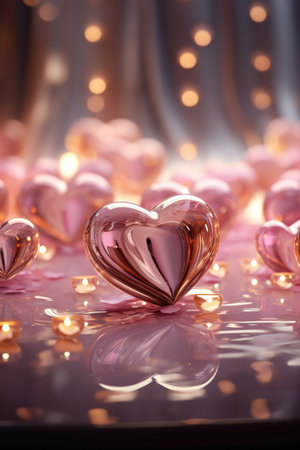 Glossy Hearts and Silky Ribbon - Romantic Pink Shades Scene, Valentine's Day Conceptの素材