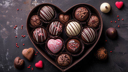 Luxurious Chocolate Assortment in Heart Box - Dark, Velvety Background Setting, Valentine's Day Conceptの素材
