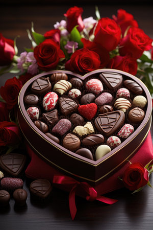 Heart-Shaped Chocolate Box - Rich Colors Amidst Red Petals, Valentine's Day Conceptの素材