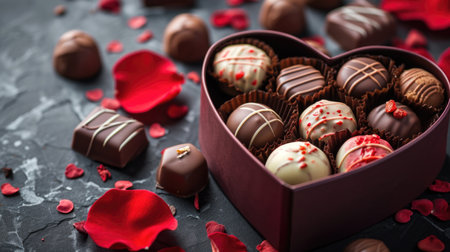 Heart-Shaped Chocolate Box - Rich Colors Amidst Red Petals, Valentine's Day Conceptの素材