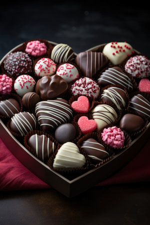Luxurious Chocolate Assortment in Heart Box - Dark, Velvety Background Setting, Valentine's Day Conceptの素材
