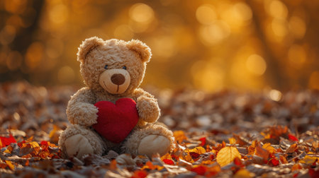 Cozy Autumnal Teddy Bear Scene - Holding Red Heart, Golden Backlight, Valentine's Day Conceptの素材