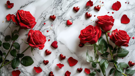Serene Elegance with Roses - Heart Objects on White Marble, Valentine's Day Conceptの素材
