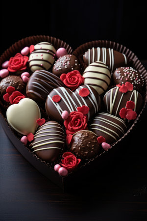 Luxurious Chocolate Assortment in Heart Box - Dark, Velvety Background Setting, Valentine's Day Conceptの素材