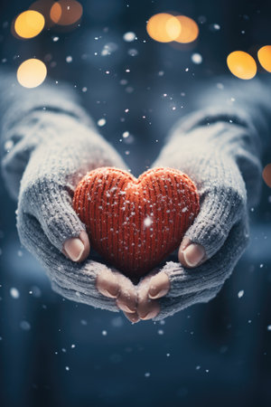 Cozy Hands Holding Red Heart - Snowy Backdrop in a Valentine's Day Conceptの素材