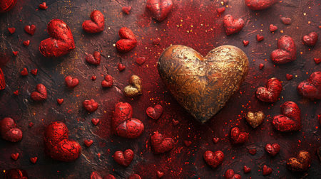 Tapestry of Red and Gold Hearts - Luxurious Textured Display, Valentine's Day Conceptの素材