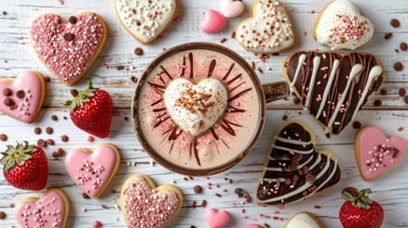Valentine's Day Themed Feast Overhead - Heart Treats on Rustic Wood, Valentine's Day Conceptの素材