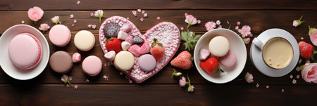 Valentine's Day Themed Feast Overhead - Heart Treats on Rustic Wood, Valentine's Day Conceptの素材