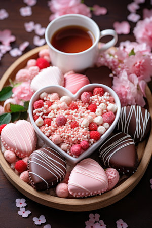 Valentine's Day Themed Feast Overhead - Heart Treats on Rustic Wood, Valentine's Day Conceptの素材
