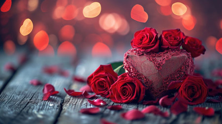 Roses and Heart Box in Romantic Setting - Dreamy Bokeh Lights, Valentine's Day Conceptの素材