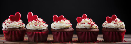 Red Velvet Cupcakes with Heart Toppings - Rich Frosting on Dark Background, Valentine's Day Conceptの素材