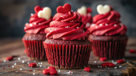 Red Velvet Cupcakes with Heart Toppings - Rich Frosting on Dark Background, Valentine's Day Conceptの素材