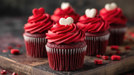 Red Velvet Cupcakes with Heart Toppings - Rich Frosting on Dark Background, Valentine's Day Conceptの素材