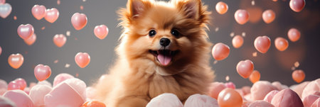 Fluffy Puppy Amidst Red Hearts - Joyful Canine on Soft Pink Background, Valentine's Day Conceptの素材