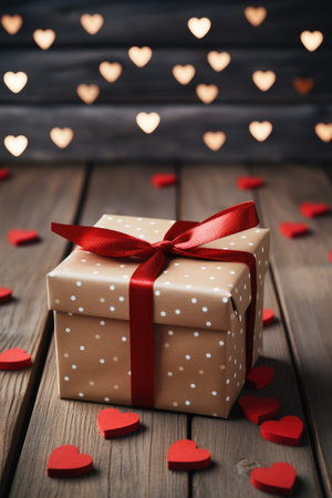 Elegant Gift with Rustic Charm - Red Satin Ribbon on Wooden Surface, Valentine's Day Conceptの素材