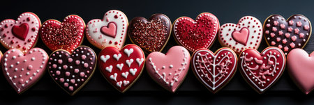 Glossy Red Heart Cookies - Homemade Touch on Gray Background, Valentine's Day Conceptの素材