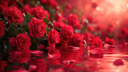 Lush Roses on Reflective Surface - Velvety Petals and Dark Backdrop, Valentine's Day Conceptの素材
