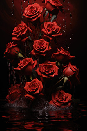 Lush Roses on Reflective Surface - Velvety Petals and Dark Backdrop, Valentine's Day Conceptの素材