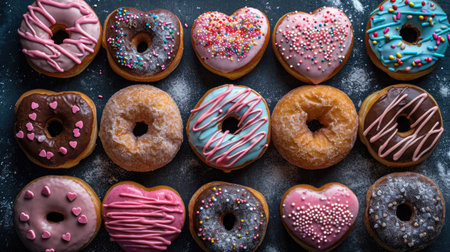Assortment of Heart-Shaped Donuts - Colorful Icings on Dark Surface, Valentine's Day Conceptの素材