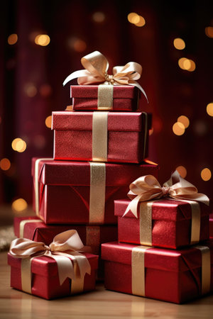 Elegant Red Gift Boxes - Sophisticated Packaging with Golden Accents, Valentine's Day Conceptの素材