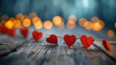 Red Paper Heart Garland on Wooden Surface - Cozy and Romantic Bokeh Lights, Valentine's Day Conceptの素材