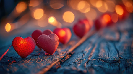 Red Paper Heart Garland on Wooden Surface - Cozy and Romantic Bokeh Lights, Valentine's Day Conceptの素材