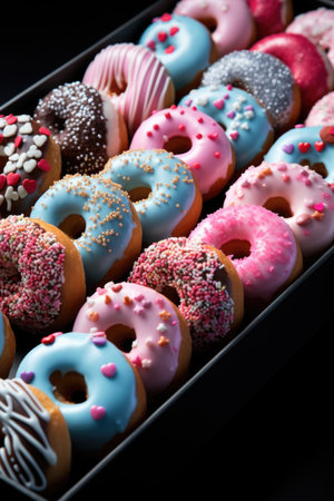 Assortment of Heart-Shaped Donuts - Colorful Icings on Dark Surface, Valentine's Day Conceptの素材
